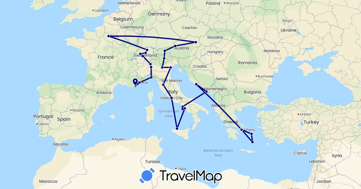 TravelMap itinerary: driving in Austria, Switzerland, France, Greece, Croatia, Italy, Monaco (Europe)