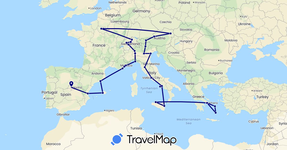 TravelMap itinerary: driving in Austria, Switzerland, Spain, France, Greece, Italy, Monaco (Europe)